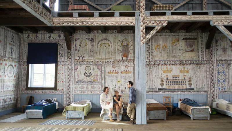 Vilhelm Blomgren, Florence Pugh, and Ari Aster on the set (what a set!) of Midsommar.